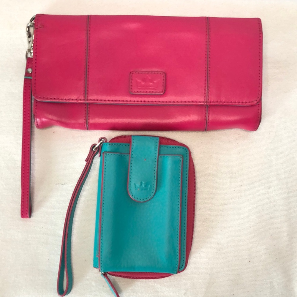 Vibrant Pink and Teal Leather Wallet Set